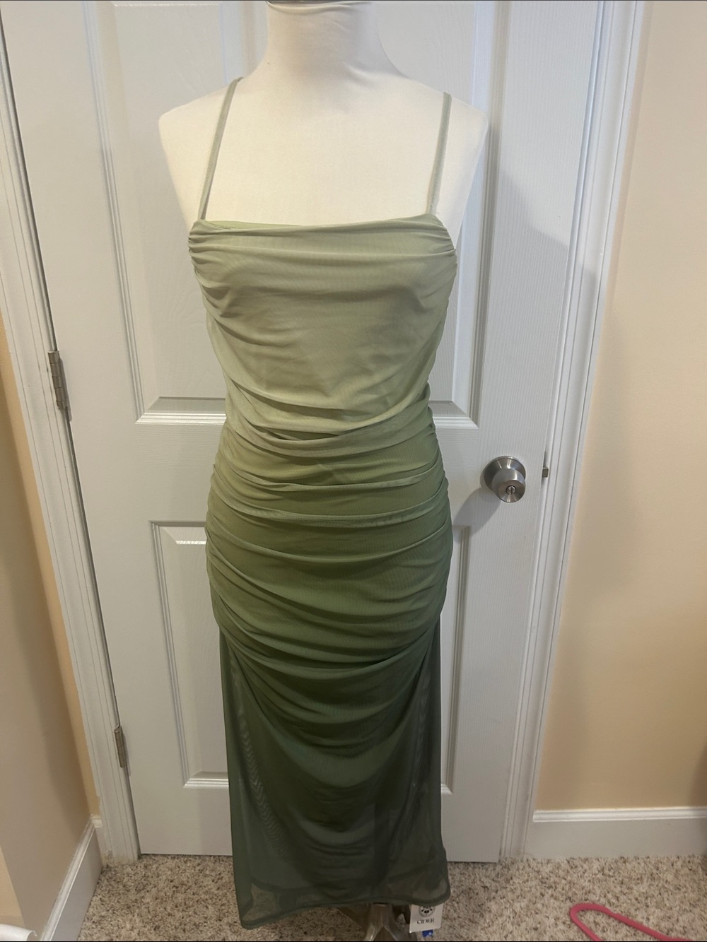 Cider Olive Green Ruched Slip Midi Dress